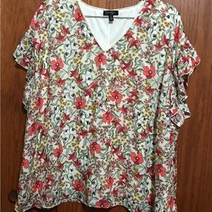 Jessica Simpson Size 2X 22/24 Top Shirt Blouse Flowers V-Neck Lined Multi Color